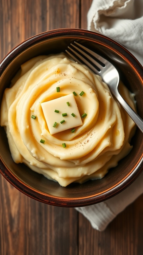 A bowl of creamy mashed potatoes with butter and chives on a wooden table.